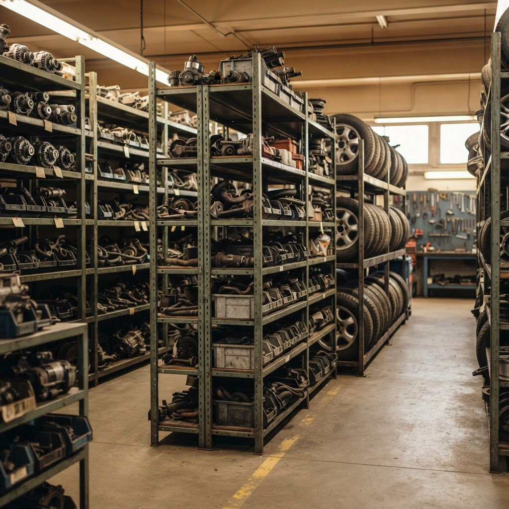 Organized shelving of used automotive parts and wheels inside the SZS Auto workshop